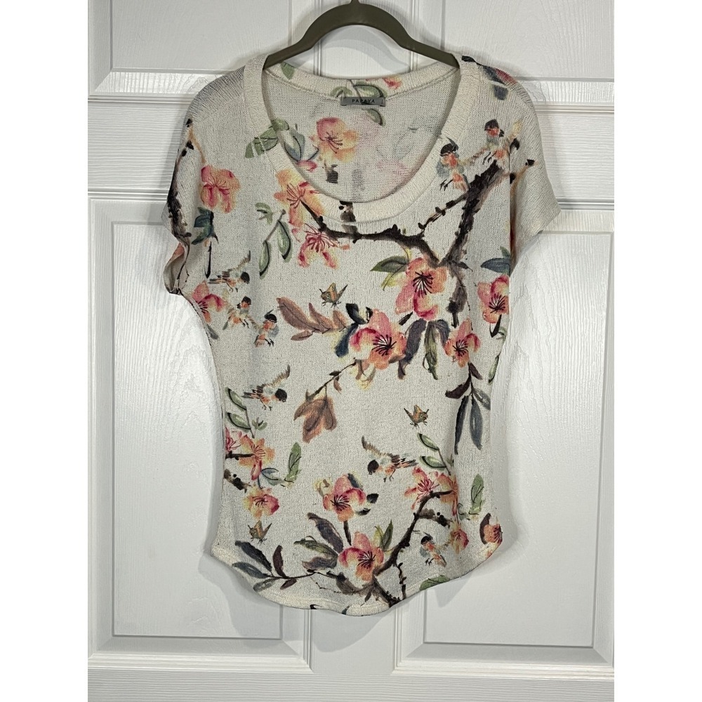 Papaya Women's Floral Bird Print Short Sleeve Knit Top Cream - Size Small